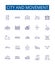 City and movement line icons signs set. Design collection of city, movement, transportation, urban, pedestrian, bike