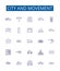 City and movement line icons signs set. Design collection of city, movement, transportation, urban, pedestrian, bike