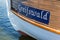 City name on a wooden ship in the harbor of Greifswald