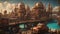 city at night A colorful scene of a steampunk city built on a coral reef, with domes, towers,