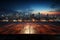 City night rendezvous Wooden table amid blurred sky and glowing urban backdrop