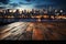 City night rendezvous Wooden table amid blurred sky and glowing urban backdrop