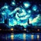 City at night. River, buildings, starry sky. Post-impressionism style picture. Generative AI