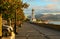 The city of Novorossiysk, embankment of Novorossiysk Bay in the early morning when the bright rising sun