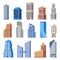 City office buildings. Glass building, modern urban offices exterior and town tall houses isolated vector set