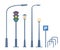 City and outdoor elements. Set of urban objects. Street lamps, traffic light, bike parking. Vector illustration