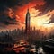 City painting with an orange sky and dramatic landscapes