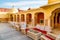 City Palace Jaipur view of open terrace with sitting arrangements for tourists at Rajasthan, India