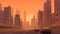 City panorama with highway and orange sky. Cityscape with cars and architecture with red fog sky. Generated AI