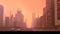 City panorama with highway and orange sky. Cityscape with cars and architecture with red fog sky. Generated AI