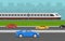 City panorama with highway road and railway. Modern bullet train and sedan cars. Flat vector illustration.