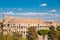 City panorama Rome, Italy Colosseum or Coliseum ancient ruins background blue sky stone arches and sunset