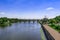 City panorama of Sicheslavska embankment and Merefa-Kherson bridge over the Dnieper river in Dnipropetrovsk Ukraine. Beautiful