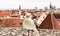 City panorama Tallinn old town view from balcony on front seagull bird medieval house red ruffles travel to Estonia Europe