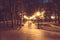 City park alley, bench, trees and lanterns.