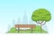 City park background. Garden landscape with bench, green tree and cityscape. Public park emblem. Vector illustration.