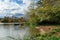 City park on the banks of Aare river in the autumn. Town of Brugg, Switzerland