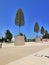 City Park blue sky, tiles, lights, trees background. The track is lit by modern street lights