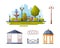 City Park Elements with Fence, Lamp, Pavilion and Bench Vector Set