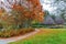 City park on a fall day with red-brown leaves on trees and green