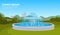 City park fountain green grass trees cityscape background horizontal copy space