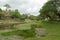 City park in Kuching, Malaysia, tropical garden with large trees and lawns, path, lake