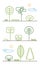 City Park landscape elements vector icons set. Line trees, flowers, bushes, clouds, stones, grass and plant. Design graphic outlin