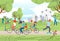 City park outdoor people lifestyle, vector illustration. Sport activity at summer nature, woman man character ride