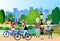 City park outdoors grandparents wooden bench street lamp river man woman cycling green lawn trees on city buildings