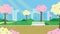 City park spring panorama blooming trees, bench. Flat vector illustration