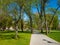 City park at summer time with morning light and long shadows. Parking area with a trees, bench and pathway