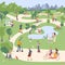 City Park vector illustration, people in city parkland ride bike, monocycle, Segway, skateboard and scooter. Family have