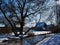 City park walking footpath covered with snow