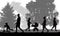 City park. Walking people silhouettes, vector