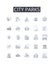 City parks line icons collection. Urban gardens, Metropolitan squares, Suburban trails, Country meadows, Coastal cliffs