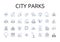 City parks line icons collection. Urban gardens, Metropolitan squares, Suburban trails, Country meadows, Coastal cliffs