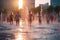 city people cooling with splashes of water in fountain in extreme heat, heatwave