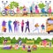 City people walking park or street and park vector illustrations, woman man characters in outdoor activity