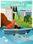 City polluted with industrial factory smoke. Woman boating on river full of garbage, flat vector illustration. Ecology