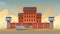 City prison building with barbed wire  bus for transporting prisoners. Vector illustration