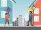 City rainy weather, character male female walking street with umbrella flat vector illustration. Urban bad drizzle