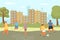 City recreation for people, vector illustration. Girl boy character play outdoor at urban park, young kids jump rope at