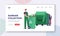 City Recycle Service Landing Page Template. Male Janitor Loading Recycling Container with Litter. Garbage Collection