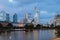 City and river in evening. Frankfurt am Main, Germany