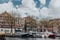 The city of Rotterdam, Holland. Lake with boats in spring.Port for ships in the city on the lake.