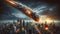 City in Ruins: Apocalypse Unleashed by a Fiery Asteroid\\\'s Impact.