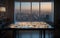 City scale model inside an apartment and an astonishing window view to an actual town at night. Generative AI