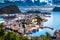 City Scene with Aerial View of Alesund Center after Sunset