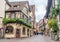 City scene of Riquewihr under cloudy sky, France