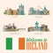 City set. Ireland vector flat design card with landmarks, irish castle, green fields.